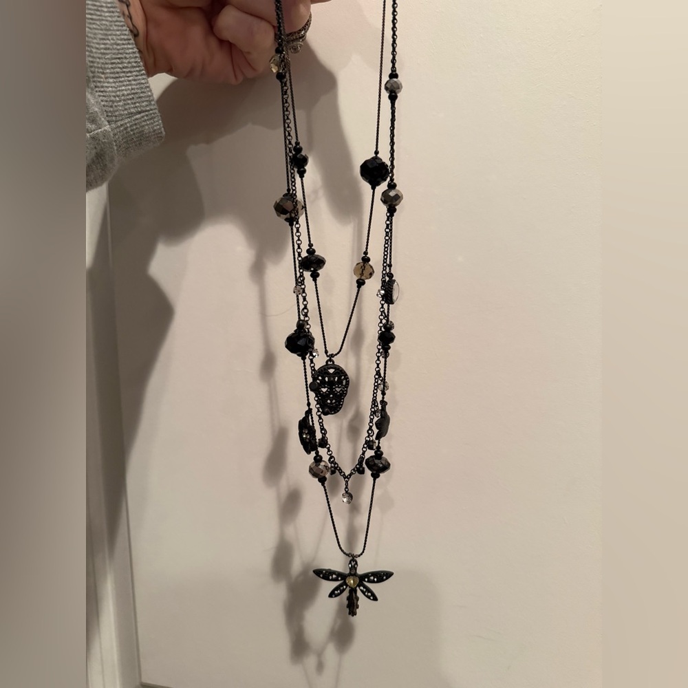 Betsey Johnson Black Multi-Layer Necklace with Dragonfly Pendant